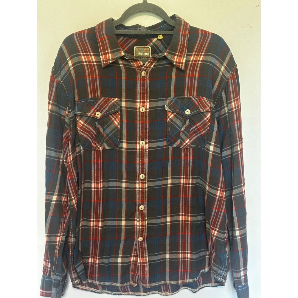 True Grit Mens XL Plaid Button Down Shirt Cotton Long Sleeve Charcoal Red Blue
